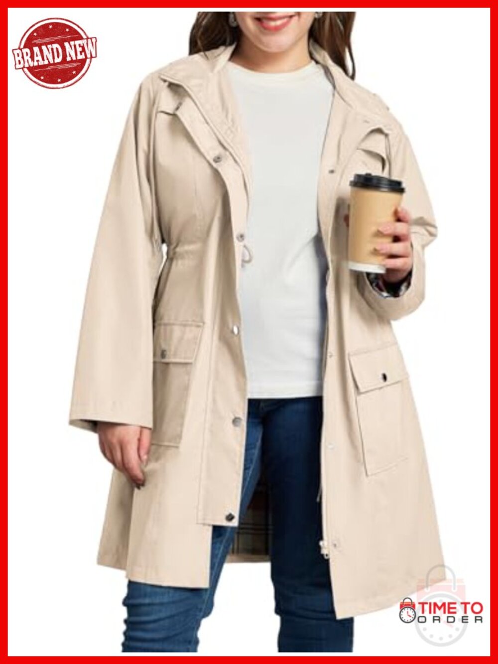 Plus Size Waterproof Raincoat Women Hooded Windbreaker Trench with Pockets